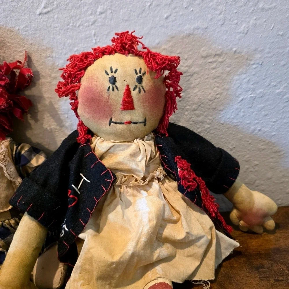 1995 Vintage Primitive Raggedy Ann Andy Dolls 18 Lot 3 Handmade Folk Art Country